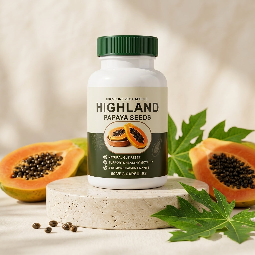 Verdalyn Gut Balance papaya seed capsules, Highland Papaya Seeds bottle with fresh papaya