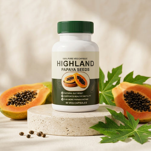 Verdalyn Gut Balance papaya seed capsules, Highland Papaya Seeds bottle with fresh papaya
