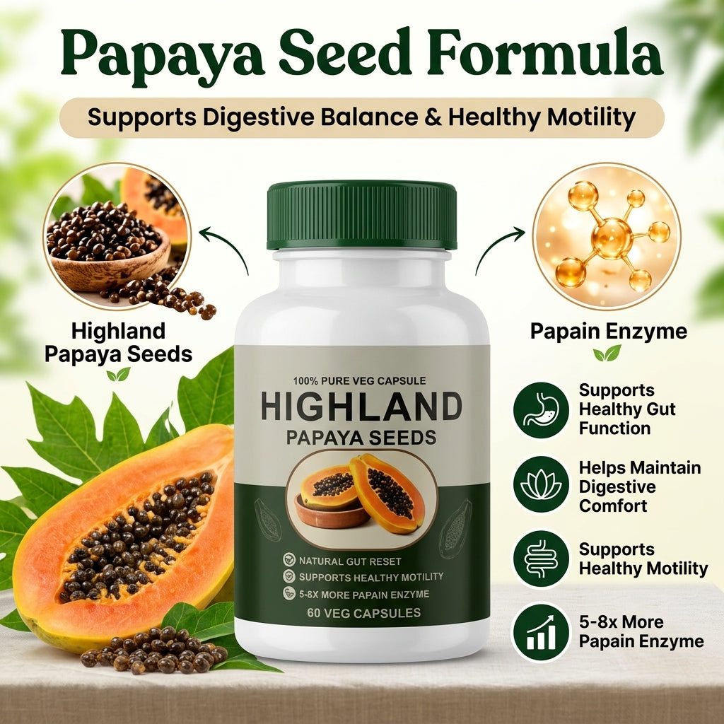 Papaya Seed Formula infographic: highland papaya seeds and papain enzyme for everyday digestive comfort