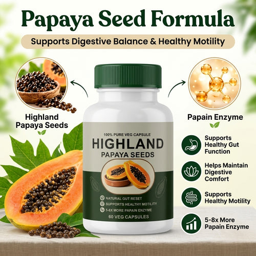 Papaya Seed Formula infographic: highland papaya seeds and papain enzyme for everyday digestive comfort