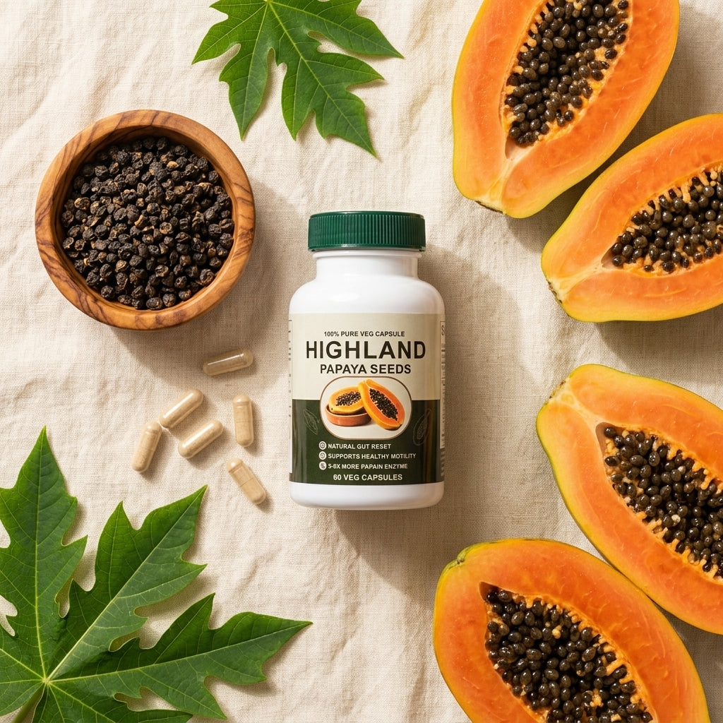 Highland Papaya Seeds capsules with a bowl of dried papaya seeds, vegetarian capsules and fresh papaya