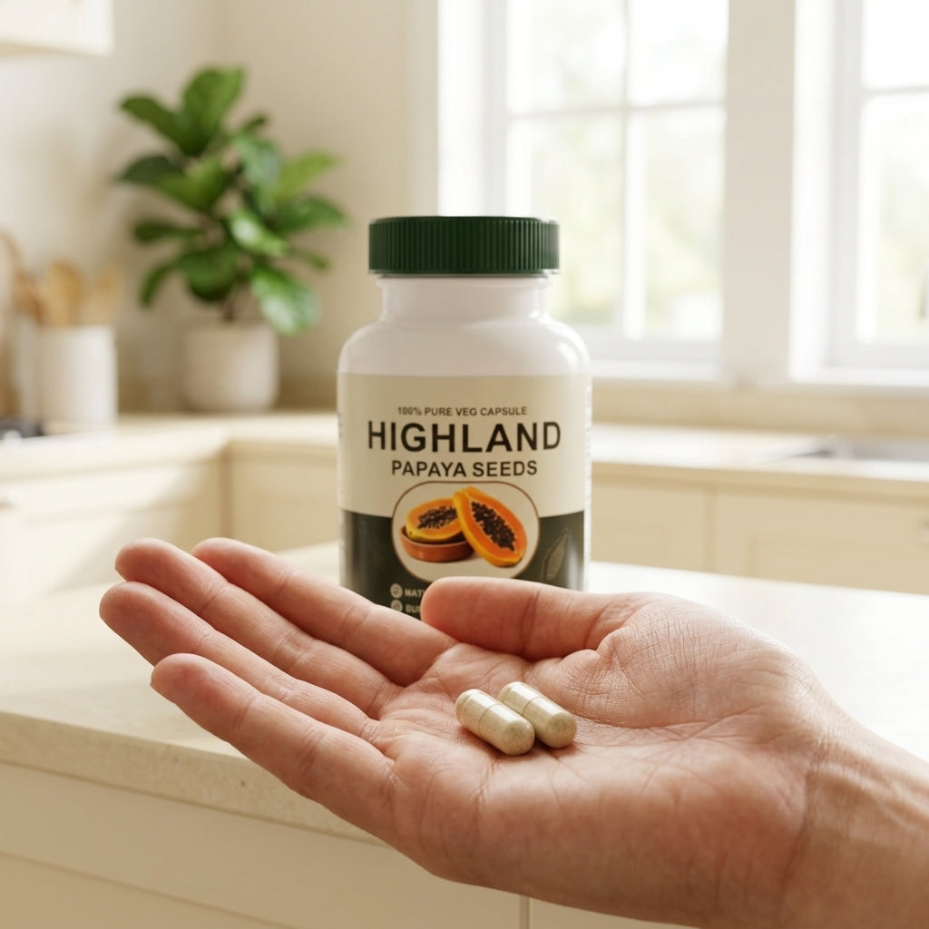 Two vegetarian papaya seed capsules in a hand, daily serving of Verdalyn Gut Balance