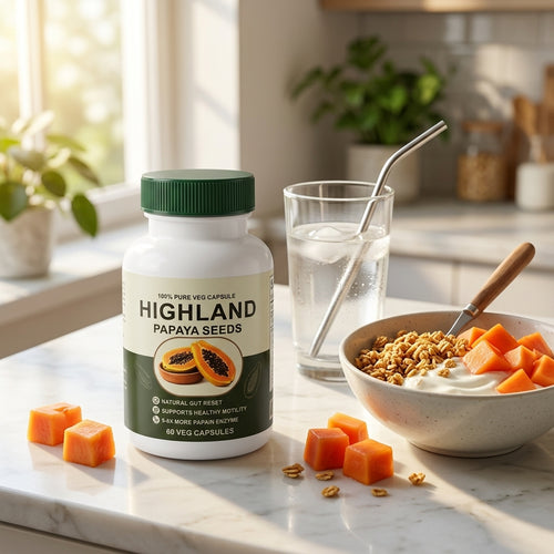 Verdalyn papaya seed capsules on a kitchen counter with a glass of water and a papaya breakfast bowl